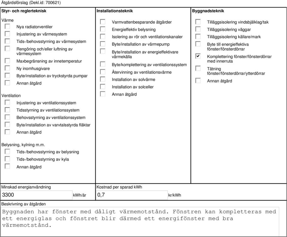 innetemperatur Ny inomhusgivare Byte/installation av tryckstyrda pumpar Injustering av ventilationssystem Tidsstyrning av ventilationssystem Behovsstyrning av ventilationssystem Byte/installation av