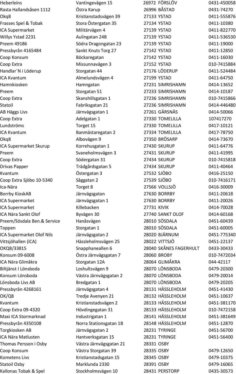 0411-19000 Pressbyrån 4165484 Sankt Knuts Torg 27 27142 YSTAD 0411-12850 Coop Konsum Böckaregatan 27142 YSTAD 0411-16030 Coop Extra Missunnavägen 3 27152 YSTAD 010-7415884 Handlar N i Löderup