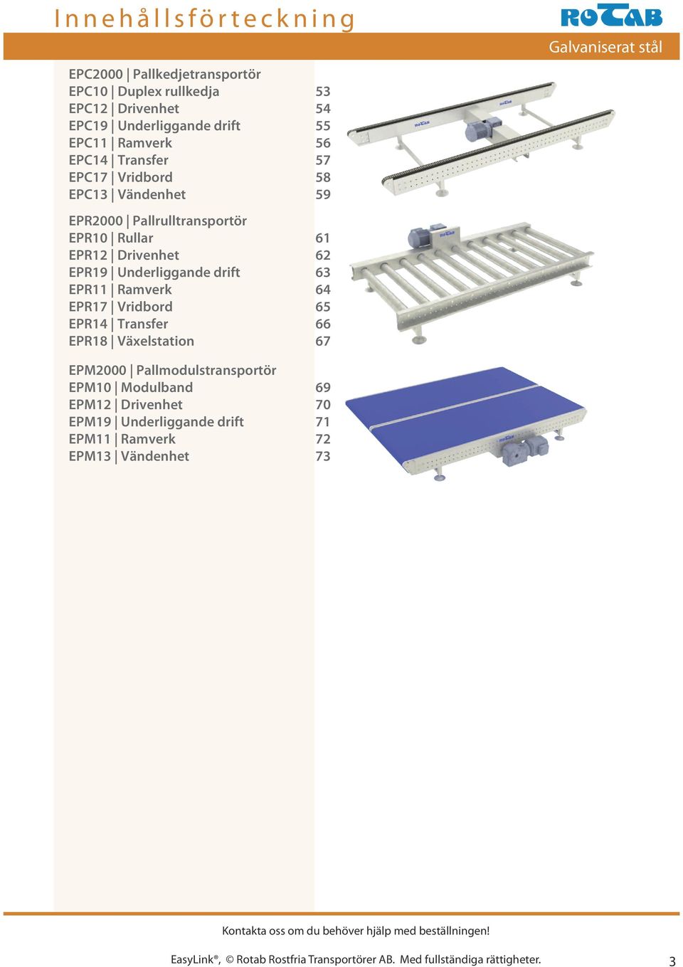 Vridbord 65 EPR14 Transfer 66 EPR18 Växelstation 67 Galvaniserat stål EPM2000 Pallmodulstransportör EPM10 Modulband 69 EPM12 Drivenhet 70 EPM19 Underliggande