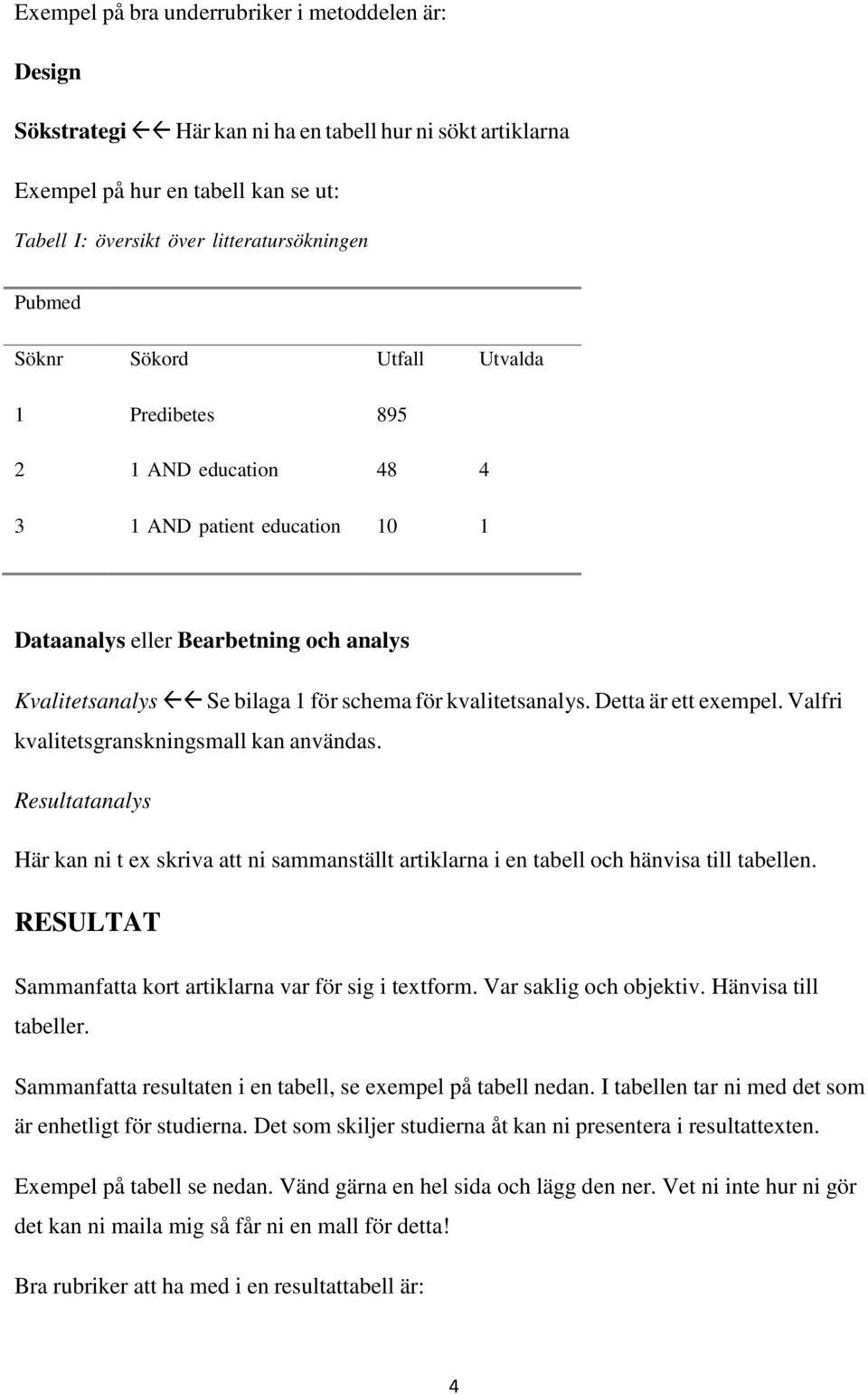 Detta är ett exempel. Valfri kvalitetsgranskningsmall kan användas. Resultatanalys Här kan ni t ex skriva att ni sammanställt artiklarna i en tabell och hänvisa till tabellen.