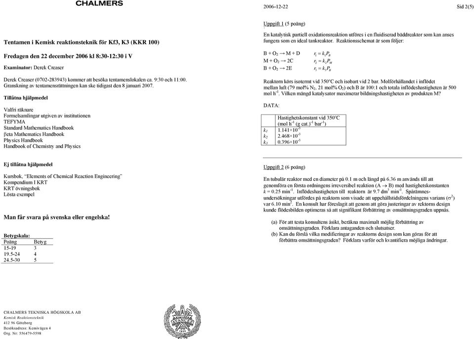 Tillåtna hjälpmedel Valfri räknare Formelsamlingar utgiven av institutionen TEFYMA Standard Mathematics Handbook βeta Mathematics Handbook Physics Handbook Handbook of Chemistry and Physics Uppgift 1