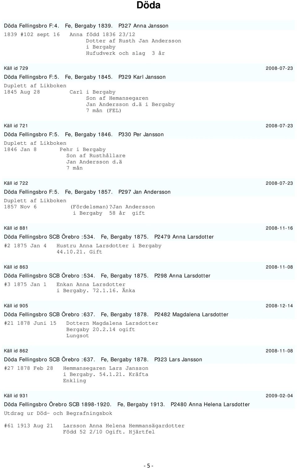 P329 Karl Jansson Duplett af Likboken 1845 Aug 28 Carl i Bergaby Son af Hemansegaren Jan Andersson d.ä i Bergaby 7 mån (FEL) Käll id 721 2008-07-23 Döda Fellingsbro F:5. Fe, Bergaby 1846.