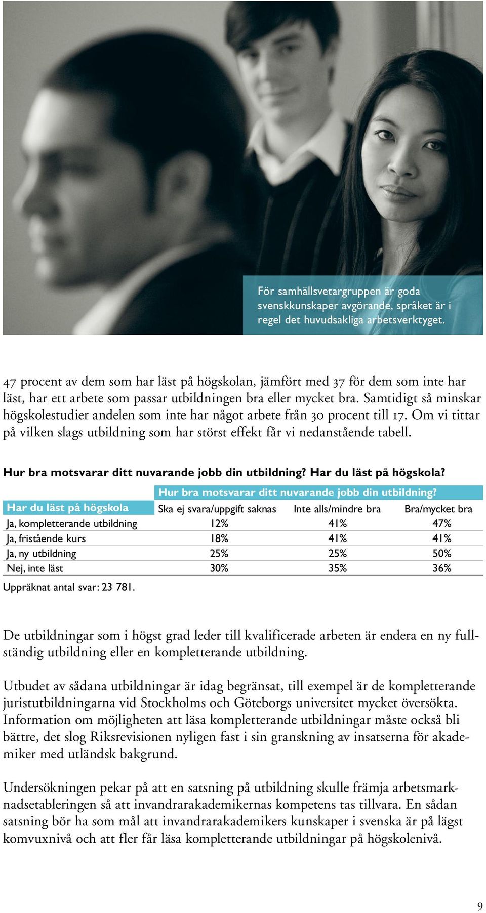 Samtidigt så minskar högskolestudier andelen som inte har något arbete från 30 procent till 17. Om vi tittar på vilken slags utbildning som har störst effekt får vi nedanstående tabell.