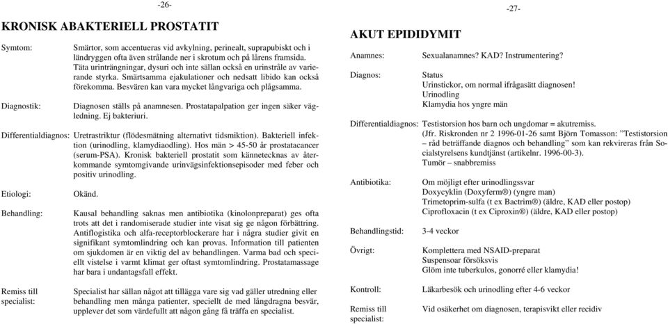 Besvären kan vara mycket långvariga och plågsamma. Diagnosen ställs på anamnesen. Prostatapalpation ger ingen säker vägledning. Ej bakteriuri.