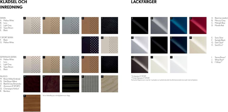 Black H I J K L I J K I. Sienna Brown* J. White Pearl* K. F White** INLÄGG M. Brown Ashburl (matt yta) N. Dark Brown Walnut O. Black & Grey Shimamoku P. Aluminium (F SPORT) Q. Champagne Ashburl R.