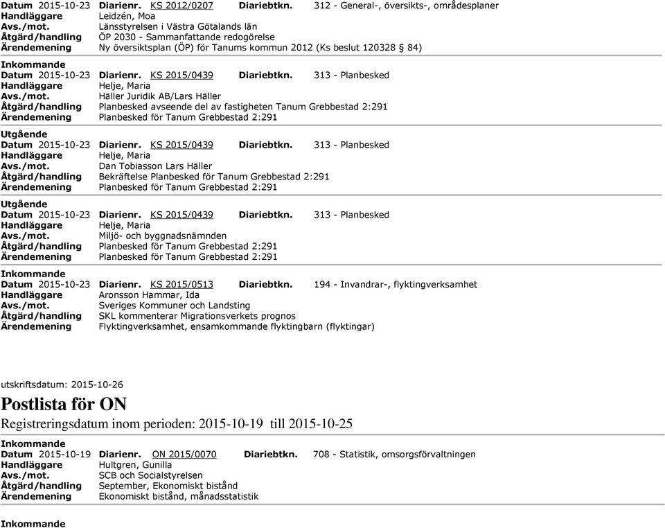 Tanums kommun 2012 (Ks beslut 120328 84) nkommande Datum 2015-10-23 Diarienr. KS 2015/0439 Diariebtkn.