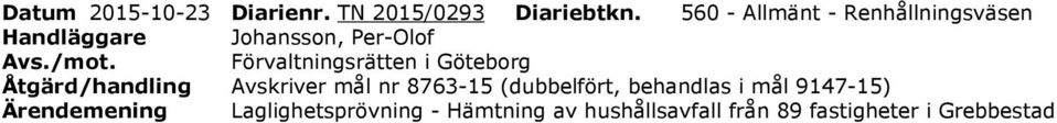 Förvaltningsrätten i Göteborg Åtgärd/handling vskriver mål nr 8763-15