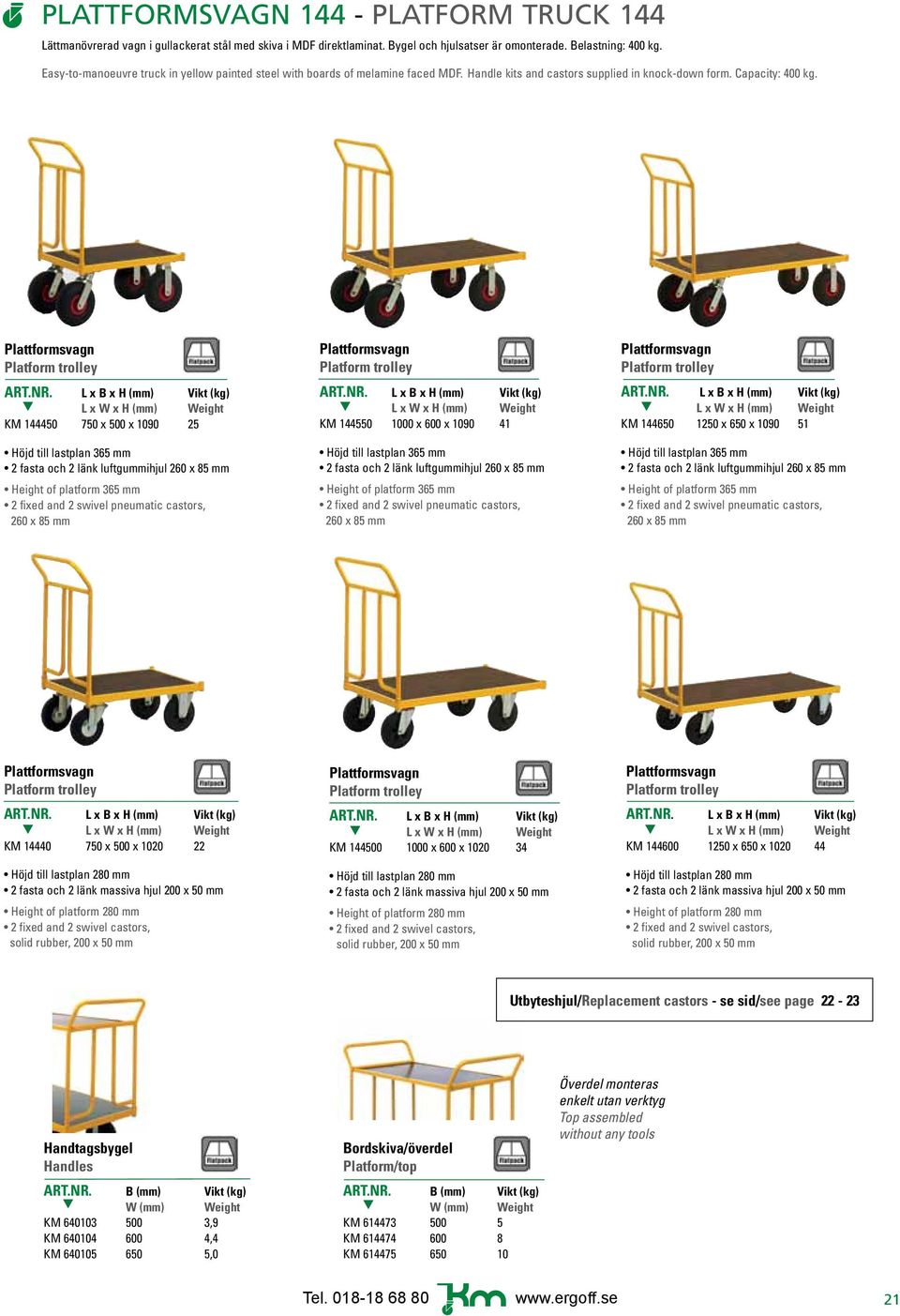 Plattformsvagn Platform trolley KM 144450 750 x 500 x 1090 25 Höjd till lastplan 365 mm 2 fasta och 2 länk luftgummihjul 260 x 85 mm Height of platform 365 mm 2 fixed and 2 swivel pneumatic castors,