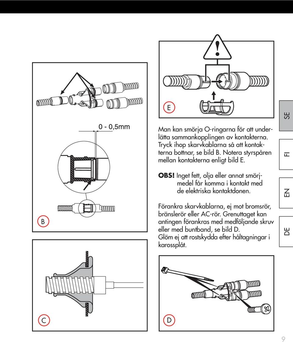 Inget fett, olja eller annat smörjmedel får komma i kontakt med de elektriska kontaktdonen.