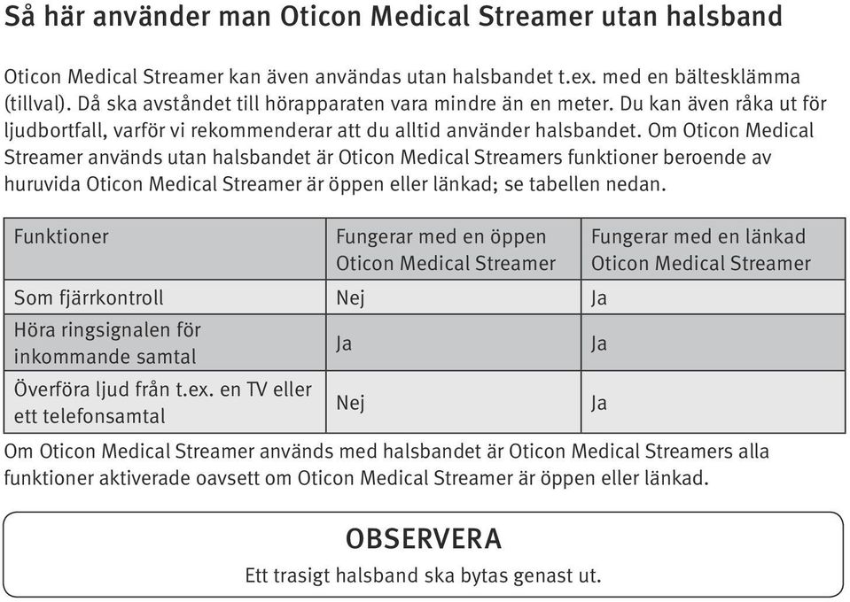 Om Oticon Medical Streamer används utan halsbandet är Oticon Medical Streamers funktioner beroende av huruvida Oticon Medical Streamer är öppen eller länkad; se tabellen nedan.