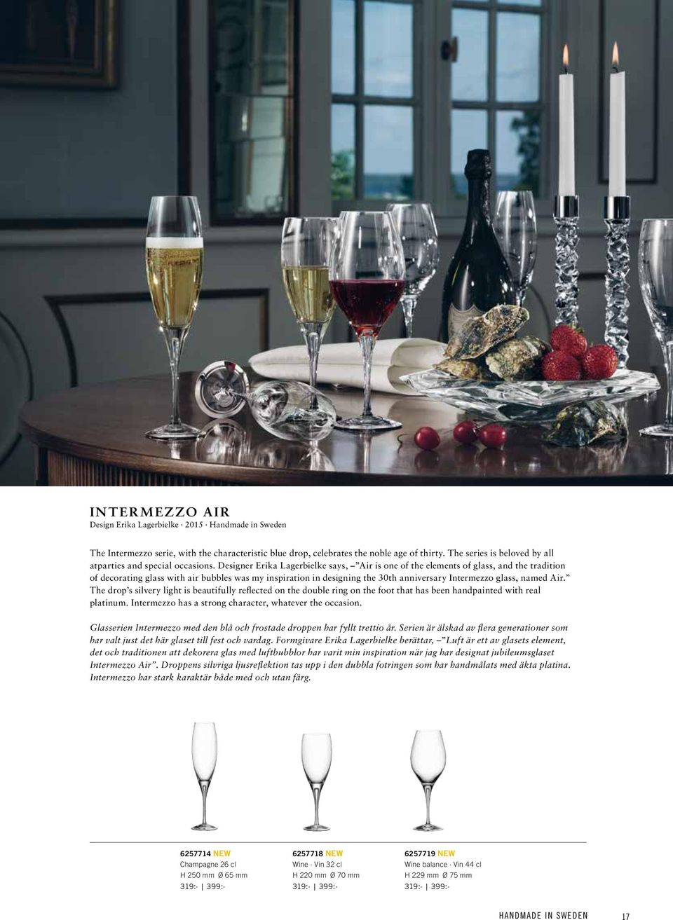 Designer Erika Lagerbielke says, Air is one of the elements of glass, and the tradition of decorating glass with air bubbles was my inspiration in designing the 30th anniversary Intermezzo glass,