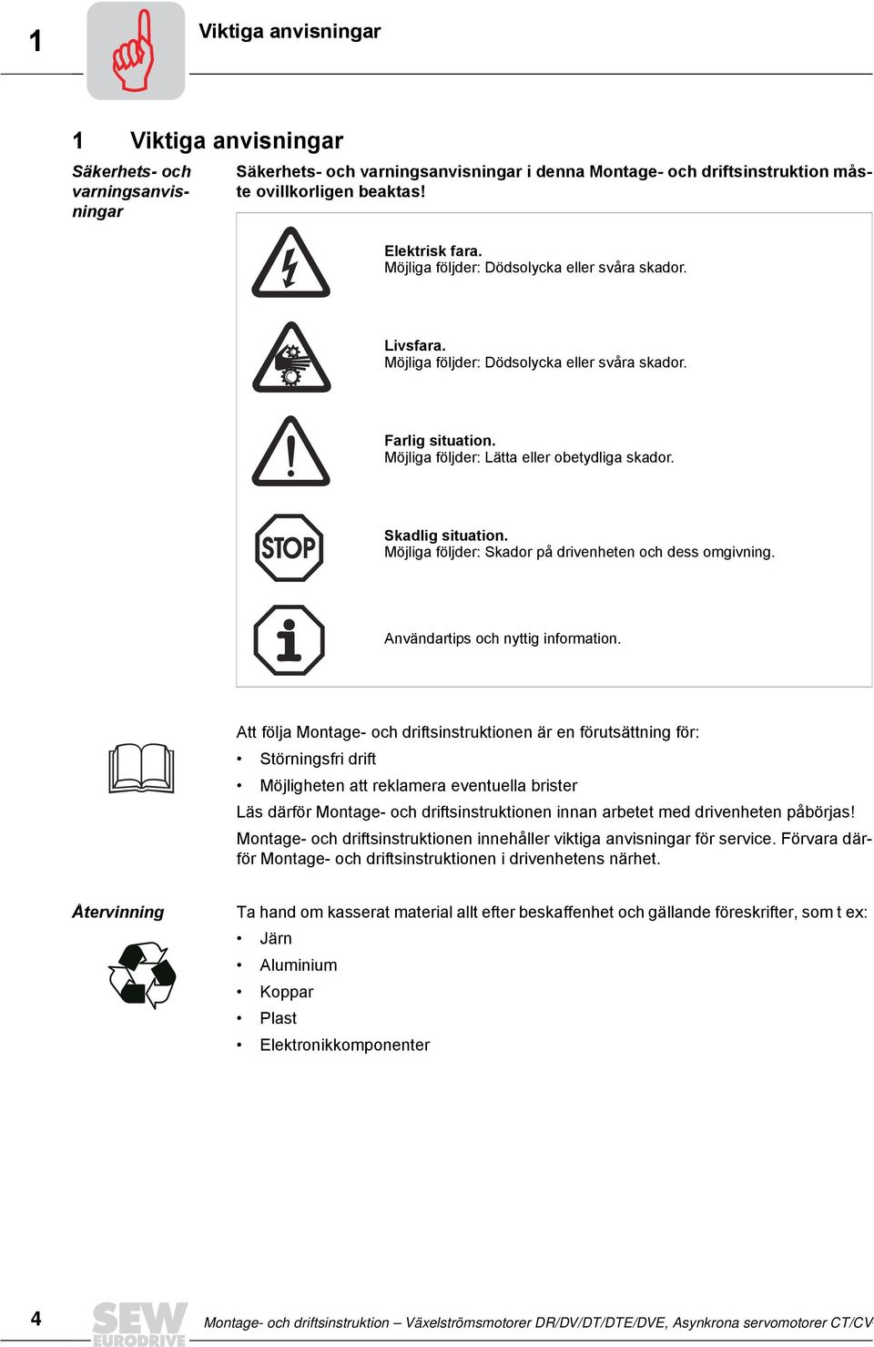 Skadlig situation. Möjliga följder: Skador på drivenheten och dess omgivning. Användartips och nyttig information.