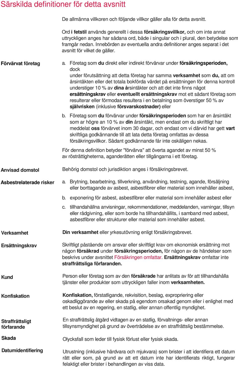 Innebörden av eventuella andra definitioner anges separat i det avsnitt för vilket de gäller. Förvärvat företag Anvisad domstol Asbestrelaterade risker a.