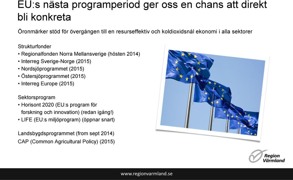 Nordsjöprogrammet (2015) Östersjöprogrammet (2015) Interreg Europe (2015) Sektorsprogram Horisont 2020 (EU:s program för forskning