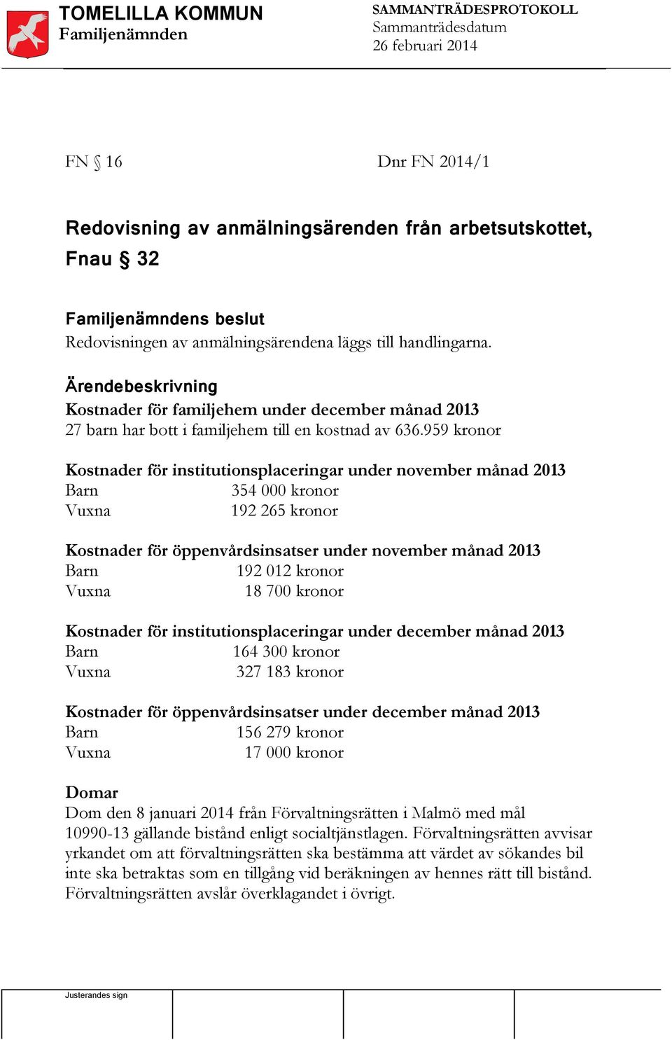 959 kronor Kostnader för institutionsplaceringar under november månad 2013 Barn 354 000 kronor Vuxna 192 265 kronor Kostnader för öppenvårdsinsatser under november månad 2013 Barn 192 012 kronor