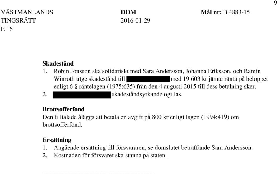 på beloppet enligt 6 räntelagen (1975:635) från den 4 augusti 2015 till dess betalning sker. 2. Elisabeth Söderströms skadeståndsyrkande ogillas.