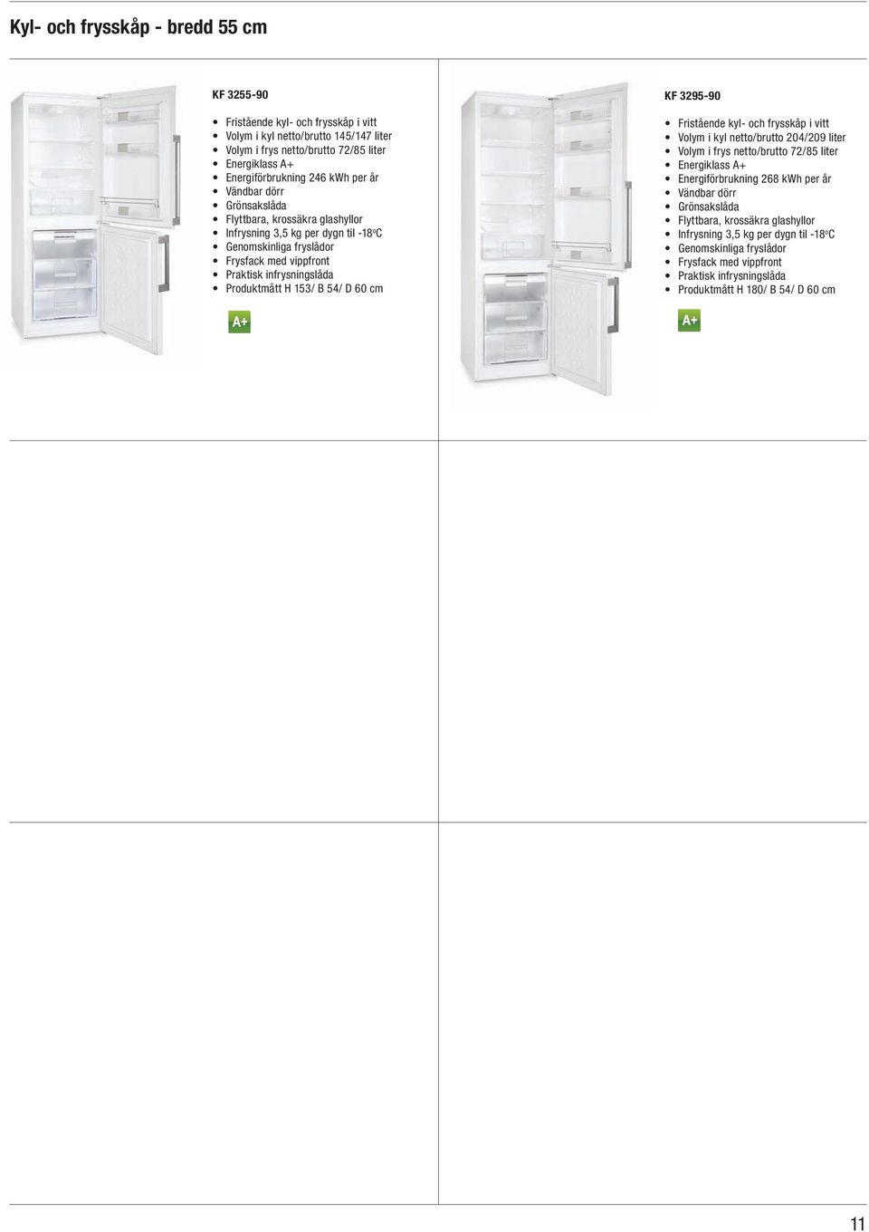 Produktmått H 153/ B 54/ D 60 cm KF 3295-90 Volym i kyl netto/brutto 204/209 liter Volym i frys