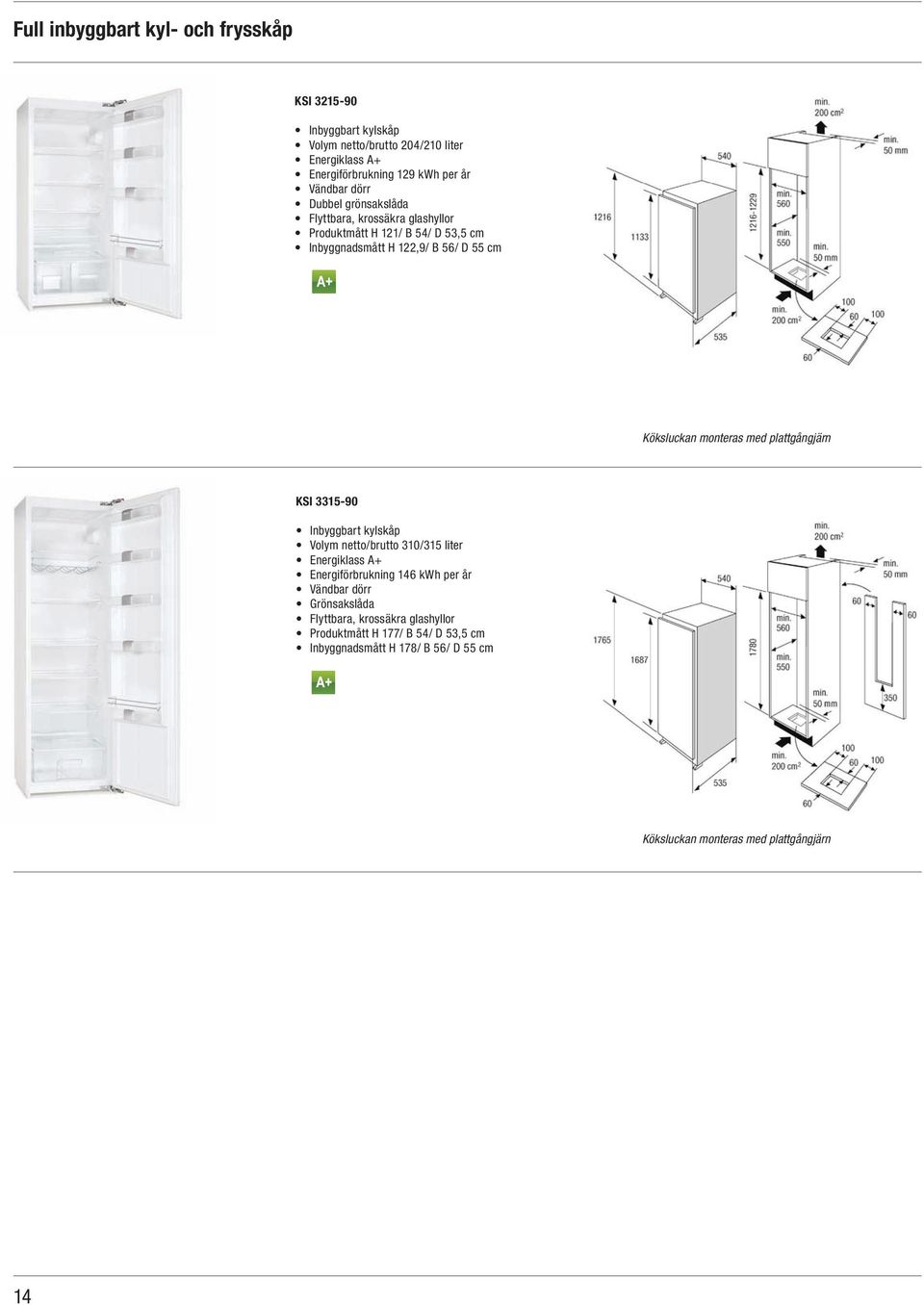 Köksluckan monteras med plattgångjärn KSI 3315-90 Inbyggbart kylskåp Volym netto/brutto 310/315 liter