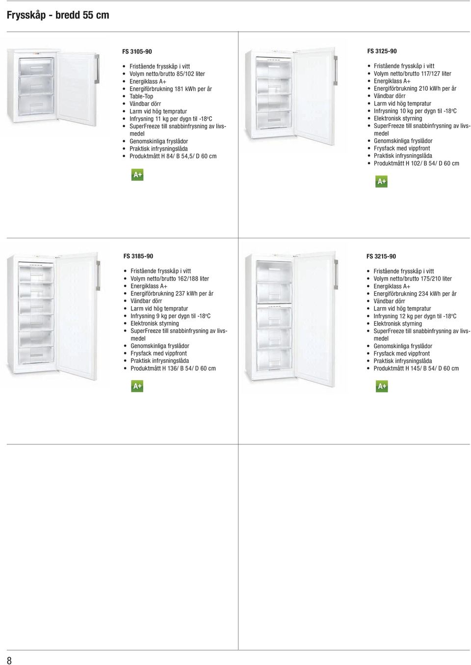 Produktmått H 102/ B 54/ D 60 cm FS 3185-90 Fristående frysskåp i vitt Volym netto/brutto 162/188 liter Energiförbrukning 237 kwh per år Infrysning 9 kg per dygn til -18 o C