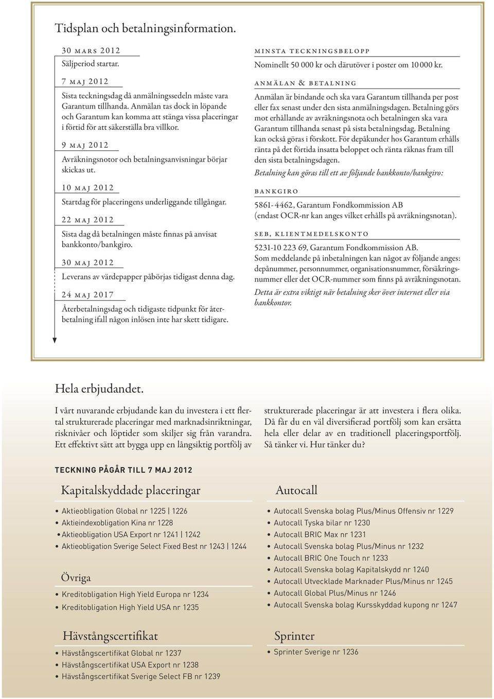 10 maj 2012 Startdag för placeringens underliggande tillgångar. 22 maj 2012 Sista dag då betalningen måste finnas på anvisat bankkonto/bankgiro.