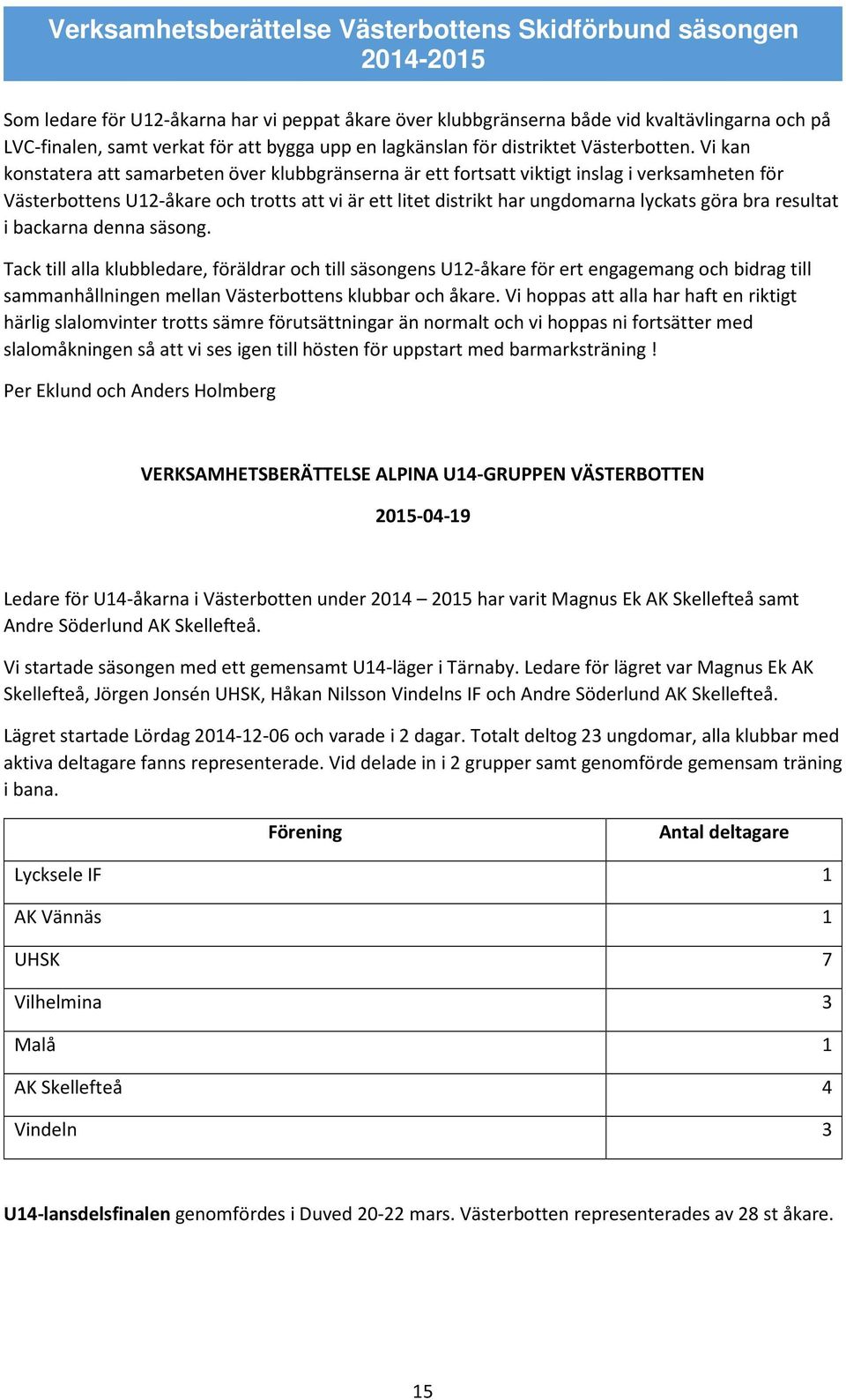 resultat i backarna denna säsong. Tack till alla klubbledare, föräldrar och till säsongens U12-åkare för ert engagemang och bidrag till sammanhållningen mellan Västerbottens klubbar och åkare.