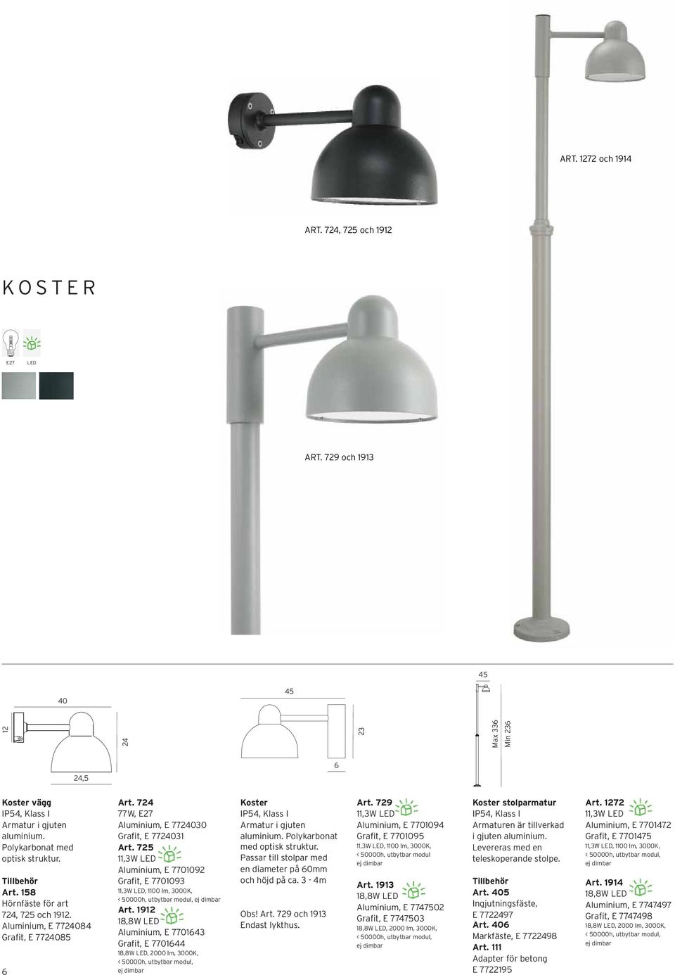 725 11,3W LED Aluminium, E 7701092 Grafit, E 7701093 11,3W LED, 1100 lm, 3000K, < 50000h, utbytbar modul, Art.