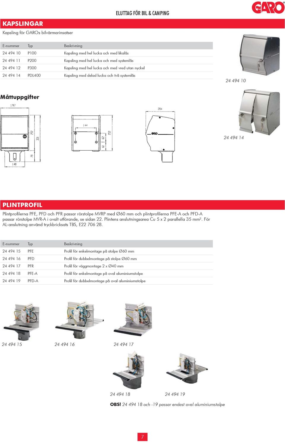 PFD och PFR passar rörstolpe MVRP med Ø60 mm och plintprofilerna PFE-A och PFD-A passar rörstolpe MVR-A i ovalt utförande, se sidan 22. Plintens anslutningsarea Cu 5 x 2 parallella 35 mm².