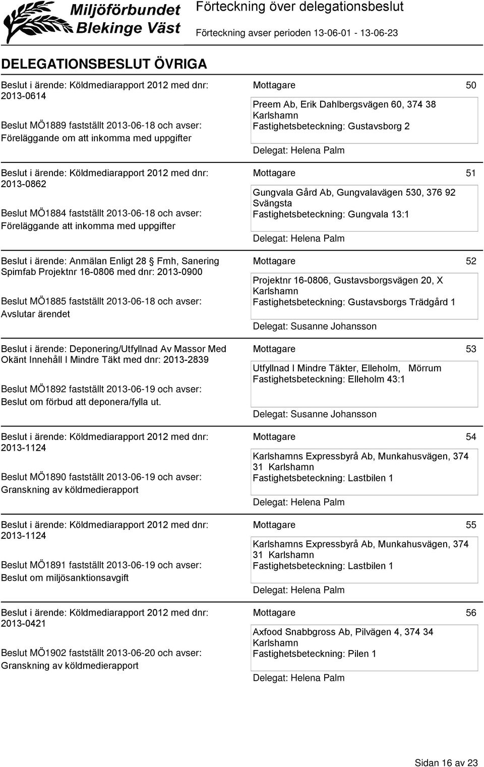Massor Med Okänt Innehåll I Mindre Täkt med dnr: 2013-2839 Beslut MÖ1892 fastställt 2013-06-19 och avser: Beslut om förbud att deponera/fylla ut.