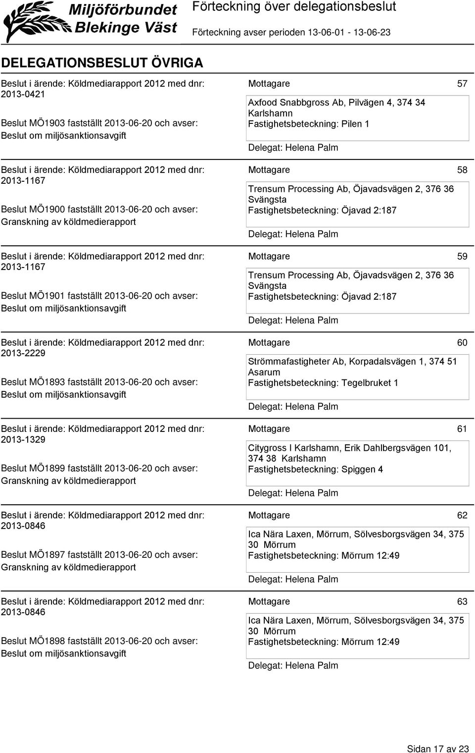 miljösanktionsavgift Trensum Processing Ab, Öjavadsvägen 2, 376 36 Svängsta Fastighetsbeteckning: Öjavad 2:187 Trensum Processing Ab, Öjavadsvägen 2, 376 36 Svängsta Fastighetsbeteckning: Öjavad