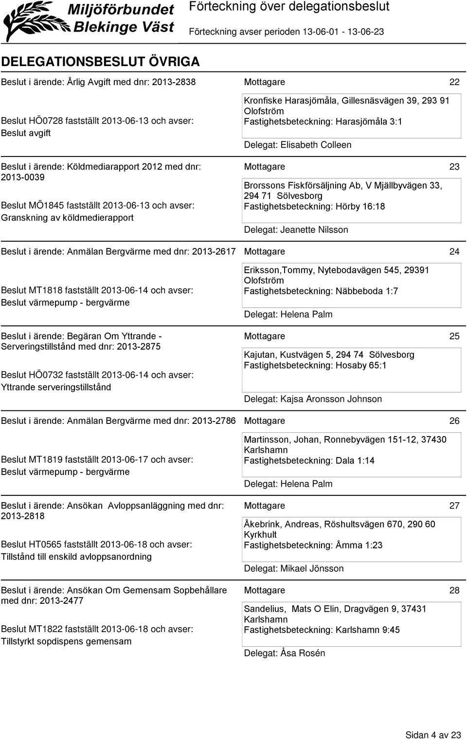 i ärende: Anmälan Bergvärme med dnr: 2013-2617 24 Beslut MT1818 fastställt 2013-06-14 och avser: Beslut värmepump - bergvärme Beslut i ärende: Begäran Om Yttrande - Serveringstillstånd med dnr: