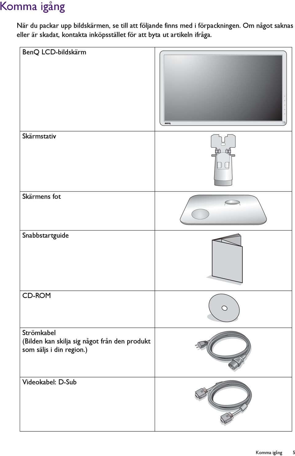 BenQ LCD-bildskärm Skärmstativ Skärmens fot Snabbstartguide CD-ROM Strömkabel (Bilden kan