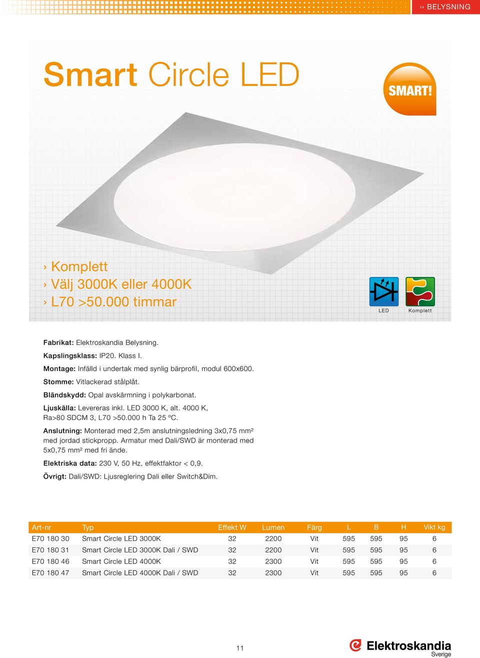 Anslutning: Monterad med 2,5m anslutningsledning 3x0,75 mm² med jordad stickpropp. Armatur med Dali/SWD är monterad med 5x0,75 mm² med fri ände. Elektriska data: 230 V, 50 Hz, effektfaktor < 0,9.