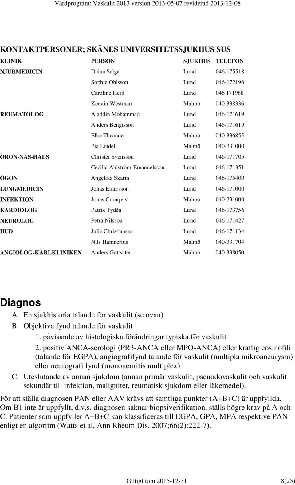 046-171705 Cecilia Ahlström-Emanuelsson Lund 046-171351 ÖGON Angelika Skarin Lund 046-175400 LUNGMEDICIN Jonas Einarsson Lund 046-171000 INFEKTION Jonas Cronqvist Malmö 040-331000 KARDIOLOG Patrik