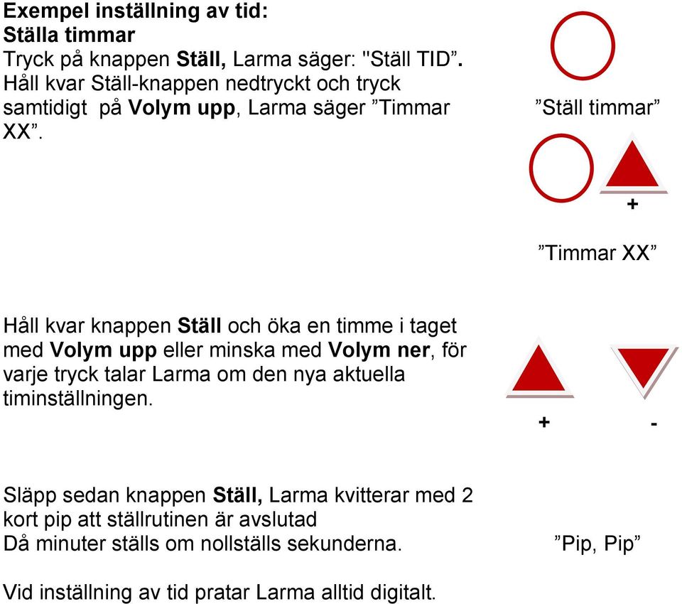 Ställ timmar + Timmar XX Håll kvar knappen Ställ och öka en timme i taget med Volym upp eller minska med Volym ner, för varje tryck talar