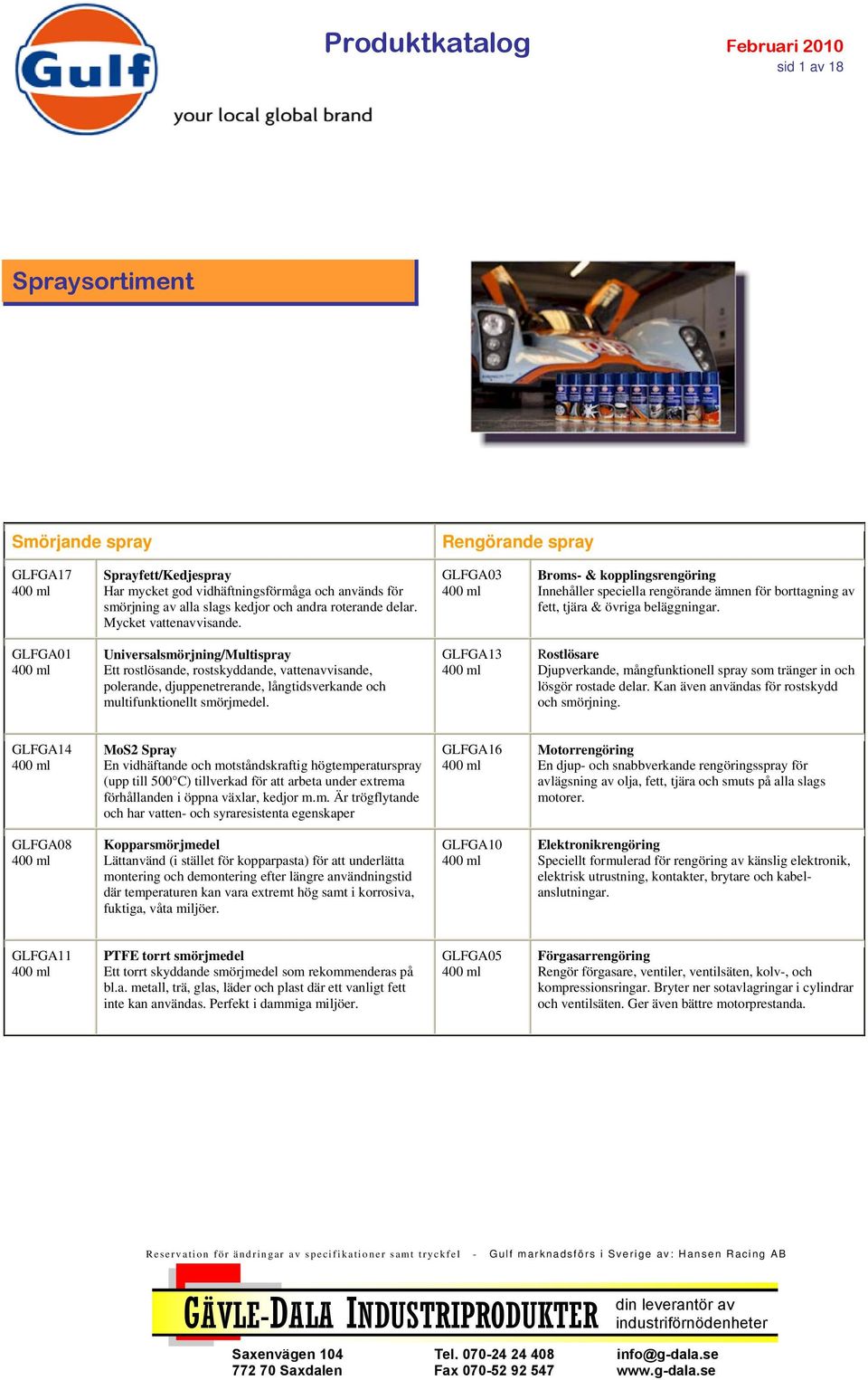 GLFGA01 Universalsmörjning/Multispray Ett rostlösande, rostskyddande, vattenavvisande, polerande, djuppenetrerande, långtidsverkande och multifunktionellt smörjmedel.