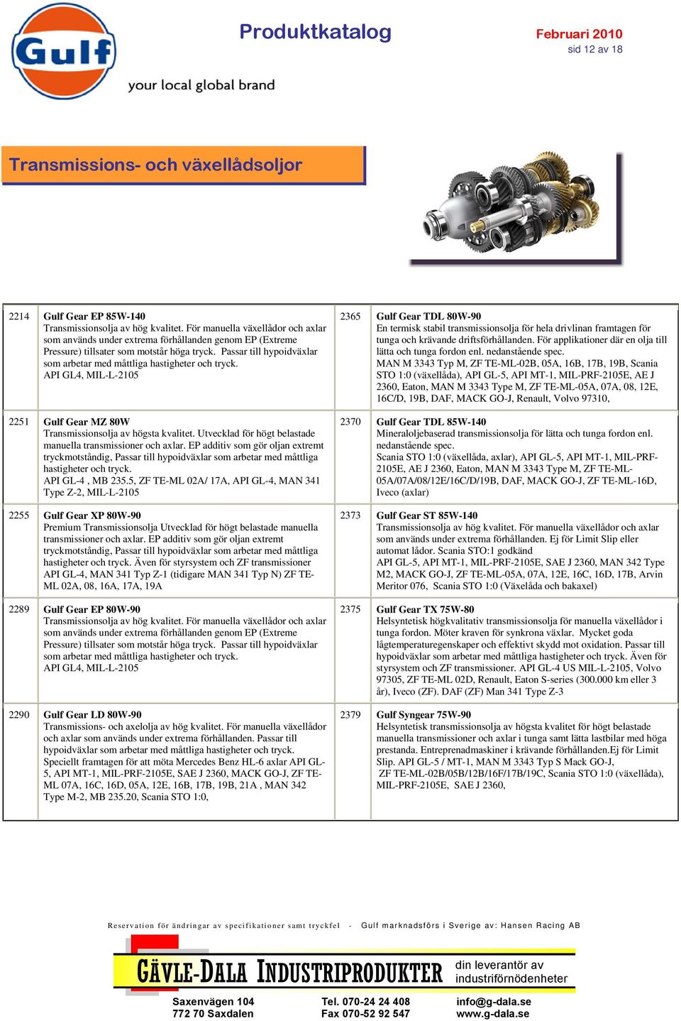 Passar till hypoidväxlar som arbetar med måttliga hastigheter och tryck. API GL4, MIL-L-2105 2251 Gulf Gear MZ 80W Transmissionsolja av högsta kvalitet.