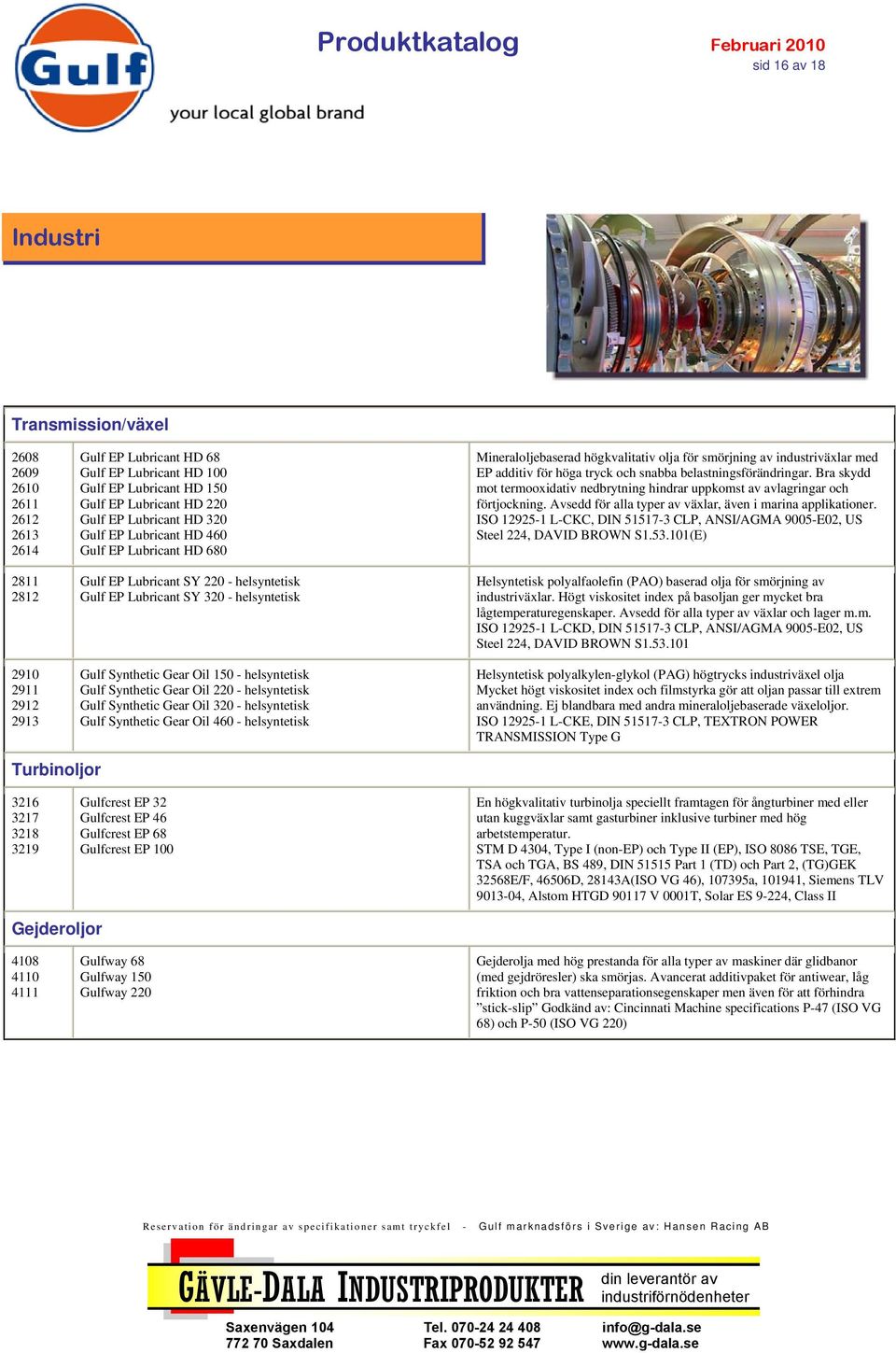 helsyntetisk Gulf Synthetic Gear Oil 220 - helsyntetisk Gulf Synthetic Gear Oil 320 - helsyntetisk Gulf Synthetic Gear Oil 460 - helsyntetisk Mineraloljebaserad högkvalitativ olja för smörjning av