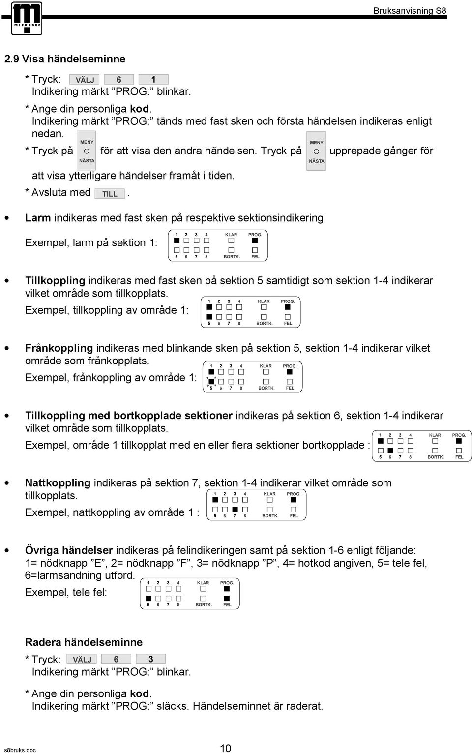 Exempel, larm på sektion 1: Tillkoppling indikeras med fast sken på sektion 5 samtidigt som sektion 1-4 indikerar vilket område som tillkopplats.