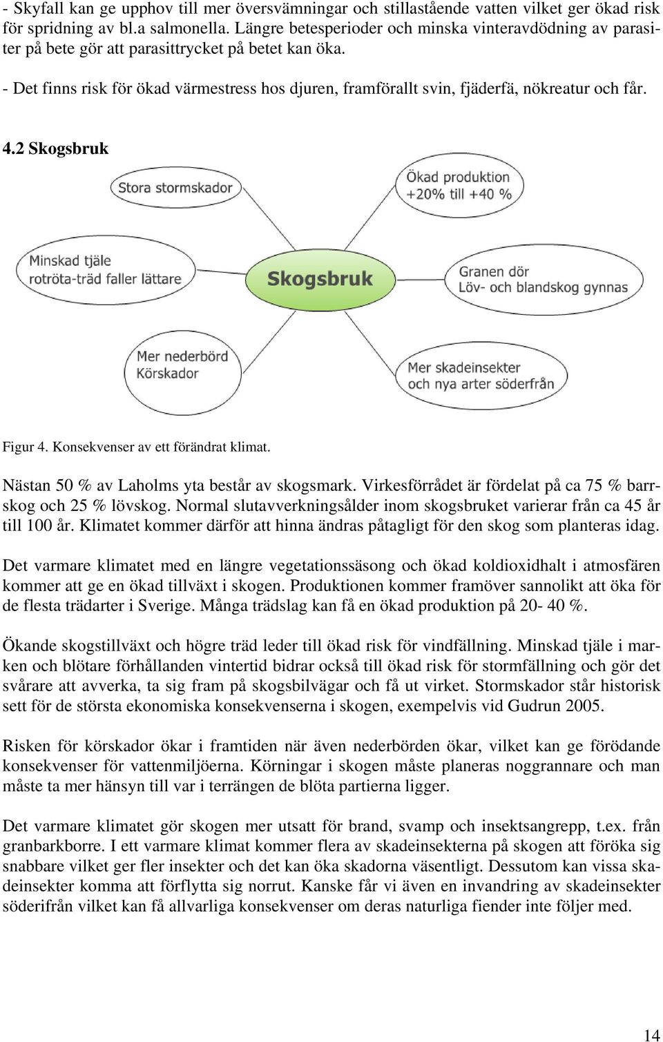 - Det finns risk för ökad värmestress hos djuren, framförallt svin, fjäderfä, nökreatur och får. 4.2 Skogsbruk Figur 4. Konsekvenser av ett förändrat klimat.