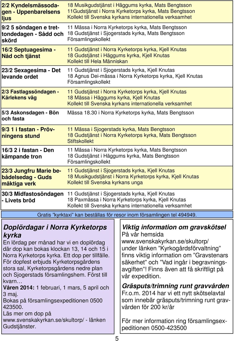 Gudstjänst i Sjogerstads kyrka, Mats Bengtsson Församlingskollekt 11 Gudstjänst i Norra Kyrketorps kyrka, Kjell Knutas 18 Gudstjänst i Häggums kyrka, Kjell Knutas Kollekt till Hela Människan 18 Agnus