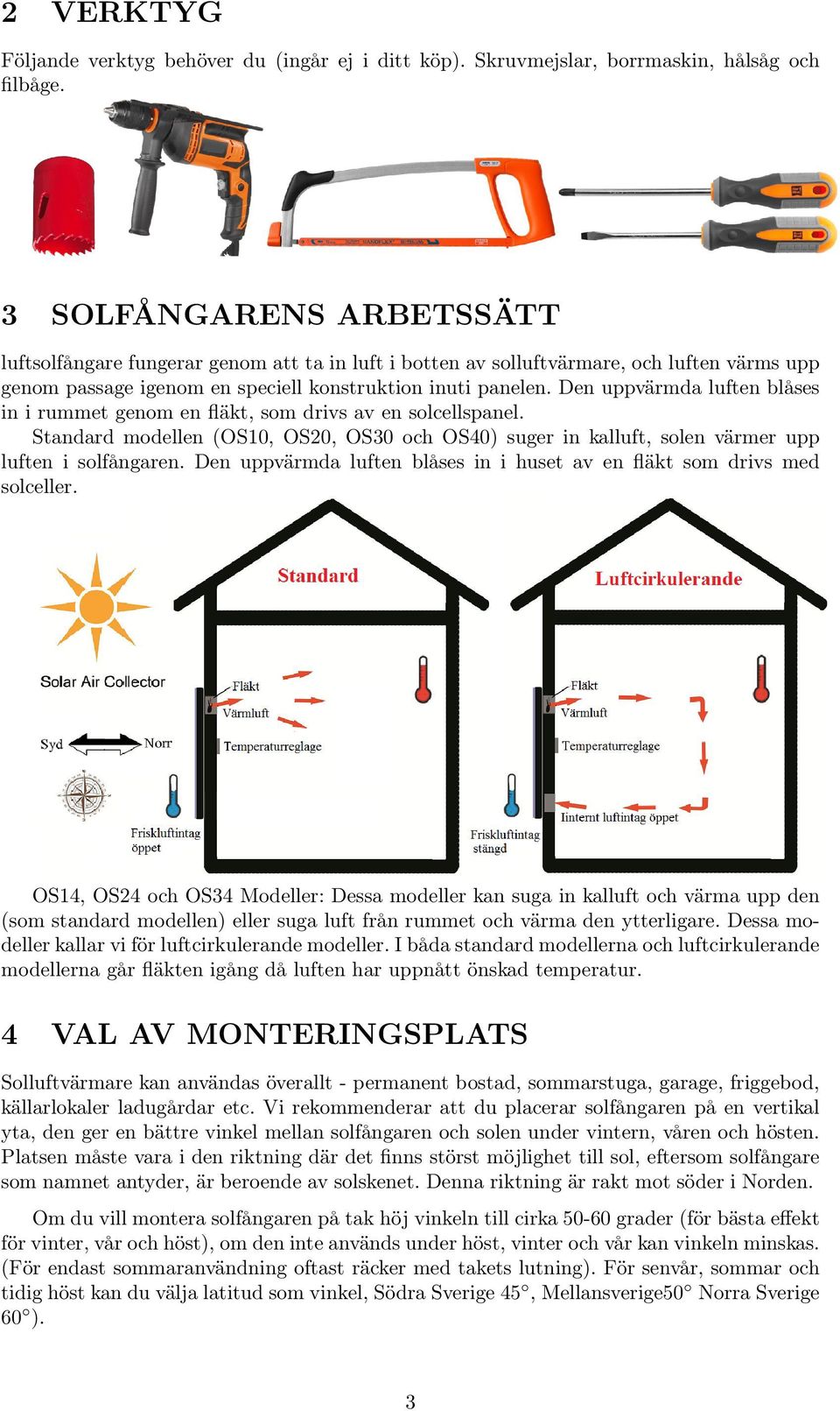 Den uppvärmda luften blåses in i rummet genom en fläkt, som drivs av en solcellspanel. Standard modellen (OS10, OS20, OS30 och OS40) suger in kalluft, solen värmer upp luften i solfångaren.