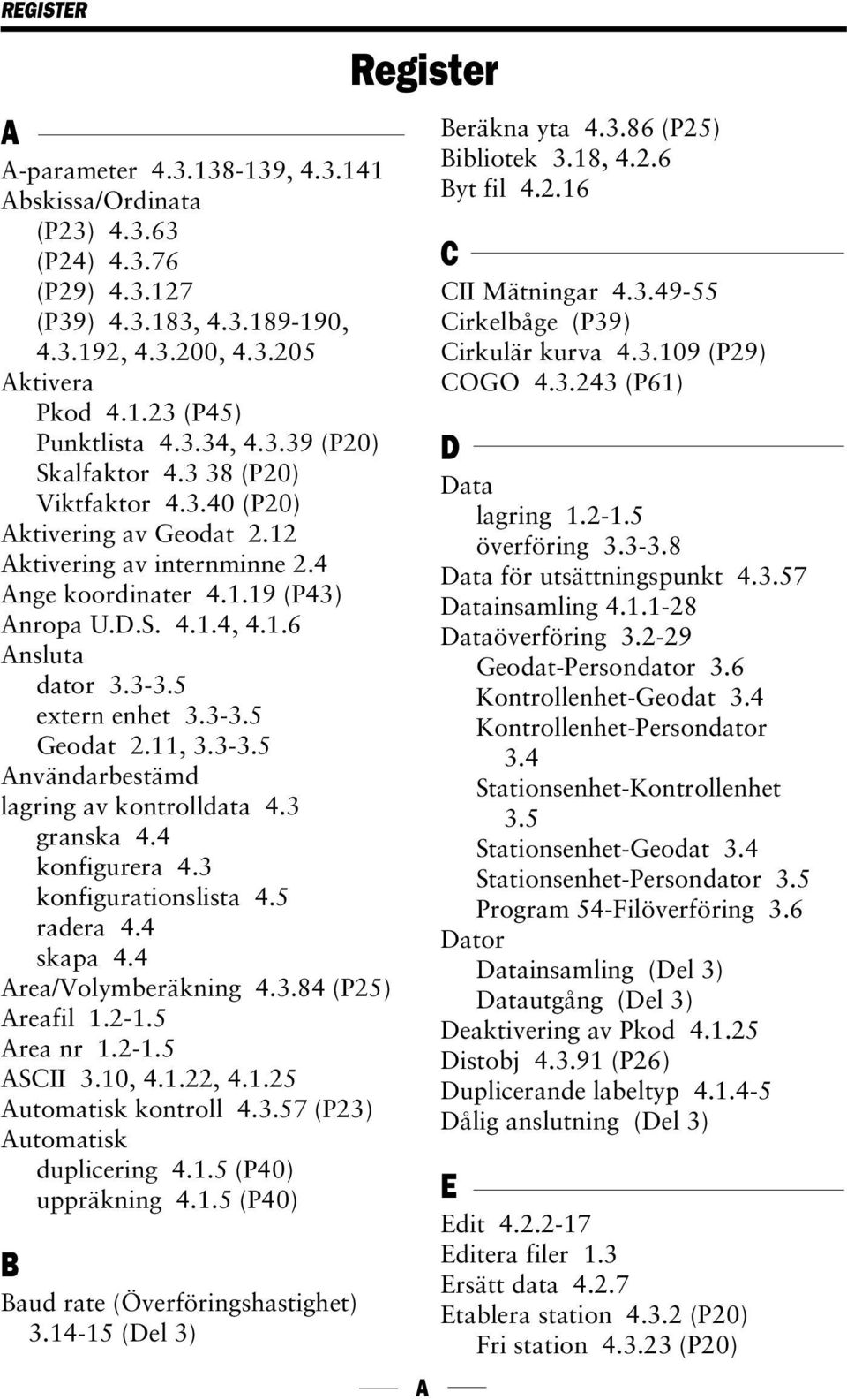 5 extern enhet 3.3-3.5 Geodat 2.11, 3.3-3.5 Användarbestämd lagring av kontrolldata 4.3 granska 4.4 konfigurera 4.3 konfigurationslista 4.5 radera 4.4 skapa 4.4 Area/Volymberäkning 4.3.84 (P25) Areafil 1.