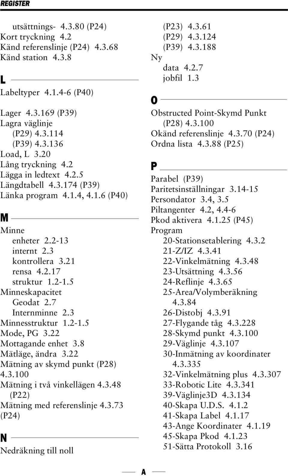 7 Internminne 2.3 Minnesstruktur 1.2-1.5 Mode, PG 3.22 Mottagande enhet 3.8 Mätläge, ändra 3.22 Mätning av skymd punkt (P28) 4.3.100 Mätning i två vinkellägen 4.3.48 (P22) Mätning med referenslinje 4.