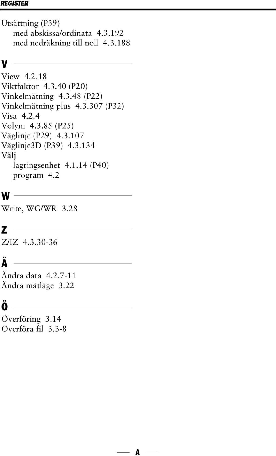 3.107 Väglinje3D (P39) 4.3.134 Välj lagringsenhet 4.1.14 (P40) program 4.2 W Write, WG/WR 3.28 Z Z/IZ 4.3.30-36 Ä Ändra data 4.