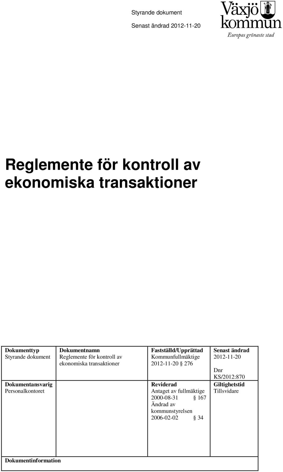 transaktioner Fastställd/Upprättad Kommunfullmäktige 2012-11-20 276 Reviderad Antaget av fullmäktige 2000-08-31