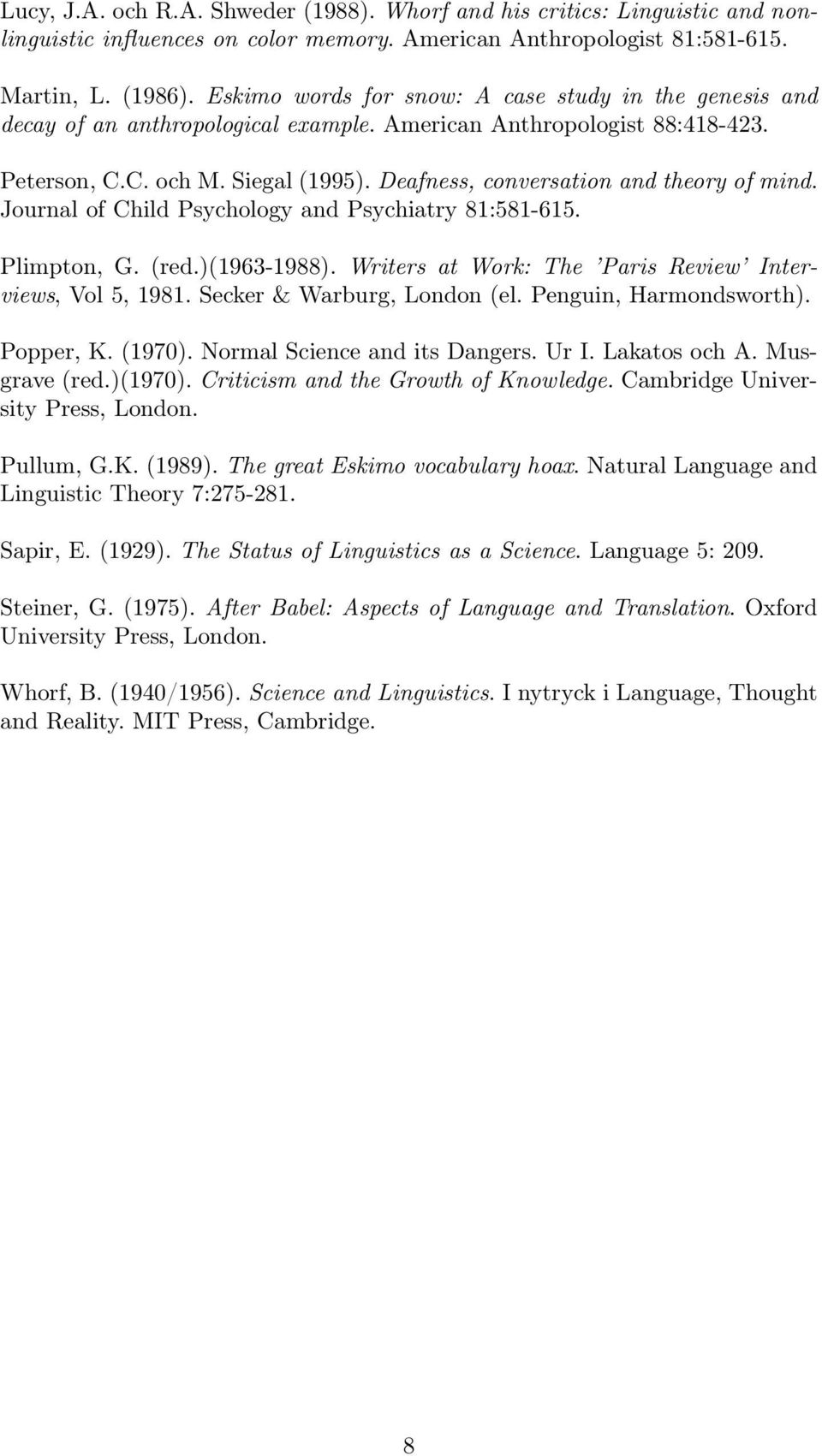 Deafness, conversation and theory of mind. Journal of Child Psychology and Psychiatry 81:581-615. Plimpton, G. (red.)(1963-1988). Writers at Work: The Paris Review Interviews, Vol 5, 1981.