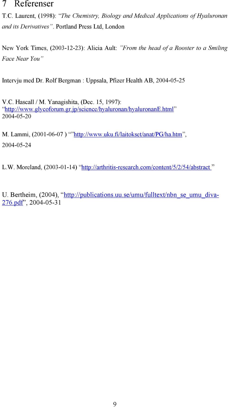 Rolf Bergman : Uppsala, Pfizer Health AB, 2004-05-25 V.C. Hascall / M. Yanagishita, (Dec. 15, 1997): http://www.glycoforum.gr.jp/science/hyaluronan/hyaluronane.