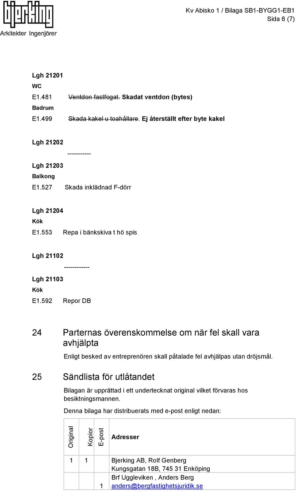 592 Repor DB 24 Parternas överenskommelse om när fel skall vara avhjälpta Enligt besked av entreprenören skall påtalade fel avhjälpas utan dröjsmål.