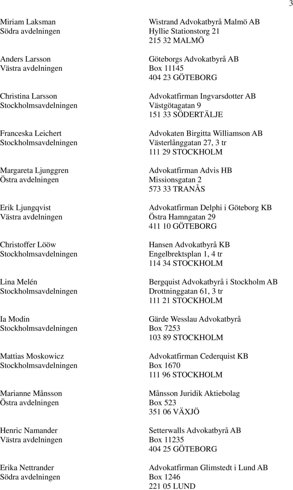 Advokaten Birgitta Williamson AB Västerlånggatan 27, 3 tr 111 29 STOCKHOLM Advokatfirman Advis HB Missionsgatan 2 573 33 TRANÅS Advokatfirman Delphi i Göteborg KB Östra Hamngatan 29 411 10 GÖTEBORG