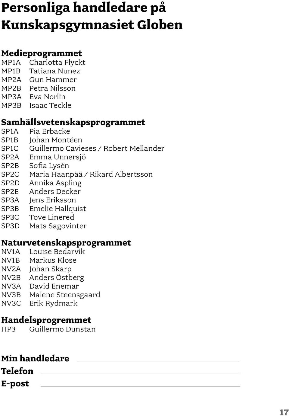 Albertsson SP2D Annika Aspling SP2E Anders Decker SP3A Jens Eriksson SP3B Emelie Hallquist SP3C Tove Linered SP3D Mats Sagovinter Naturvetenskapsprogrammet NV1A Louise Bedarvik